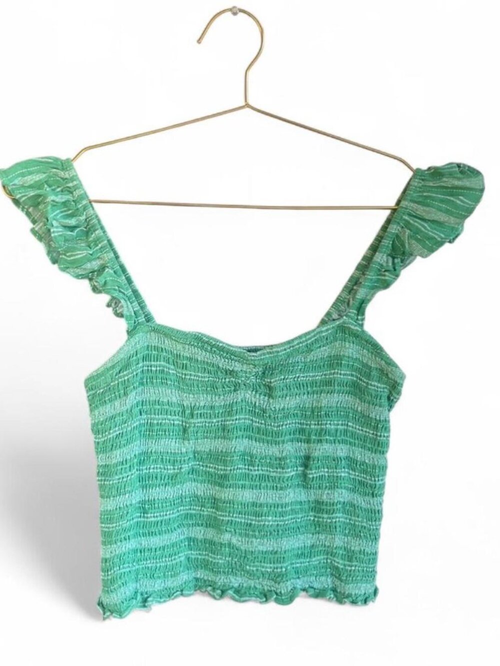 Green Smocked Ruffle Strap Crop Top – Cottagecore Stretchy Floral Style – Size M